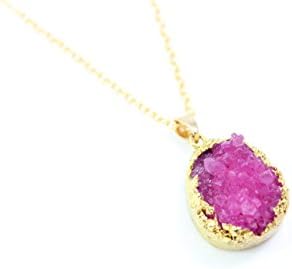 Pink Druzy Stone Necklace, HIGH QUALITY 14k Gold Filled Chain, Pendant Charm Stone 18"inches