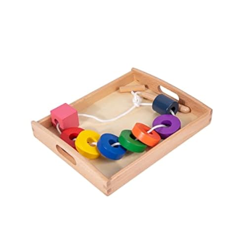 Adena Montessori Wooden Lacing with Tray Stringing Bead Set Toy,Montessori Wooden Beads Shape Sequencing Set for 1 2 3 Year Old Toddler,Fine Motor Skills Preschool Educational Learning for Kids Gifts