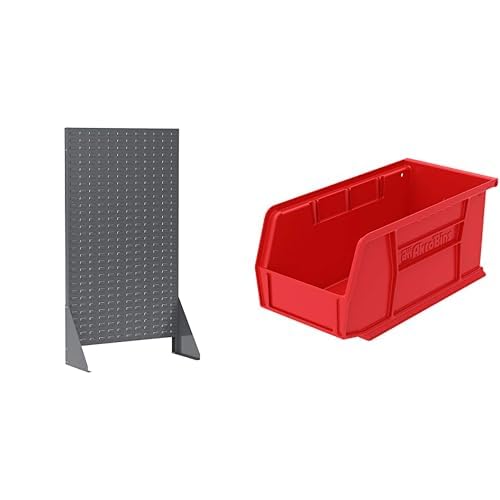 Akro-Mils 36"x13"x66" Louvered Steel Single Sided Floor Rack Organizer with 12-Pack of 11 x5 x5 AkroBins Stackable Plastic Storage Bins (Red), Organization Bundle for Garage, Workshop, Classroom Image