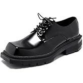 Men's Leather Platform Oxfords Fashion Square Toe Lace Up Lug Sole Business Office Dress Shoes Casual Non-Slip Low Block Heel Work Shoes