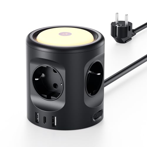Cube Power Strip Sockets with LED Night Lights 3 Lighting Modes, 4 AC Outlets with 3 USB, 16 A Extension Socket 2M, Thief Sockets with Switch for Home Office Multiple Plug