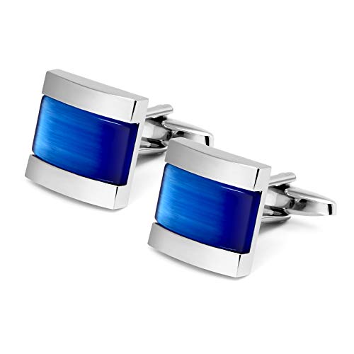 VIILOCK Square Cat Eye Cufflinks for Men Opal Sliver Tone Cuff Links Business Wedding Gift (Blue)