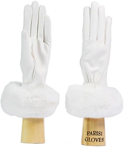 PARISI GLOVES - LEATHER GLOVES WITH REX RABBIT FUR - CASHMERE LINING - AB1 (8, WHITE)