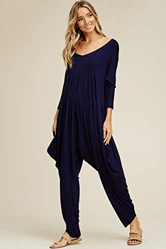 Annabelle Women's Solid Harem Pant Long Sleeve Jumpsuits Navy Small J8002