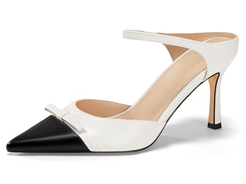 Coutgo Womens Bow Tie Mules Heels Two Tone Closed Pointed Toe