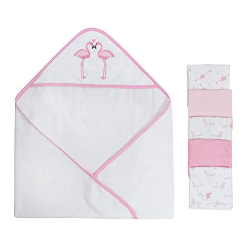 Softan Baby Hooded Towel Bath Towel and Washcloths, Extra Soft and Ultra Absorbent, 5+1 Gift Pack for Newborn and Infants, Flamingos