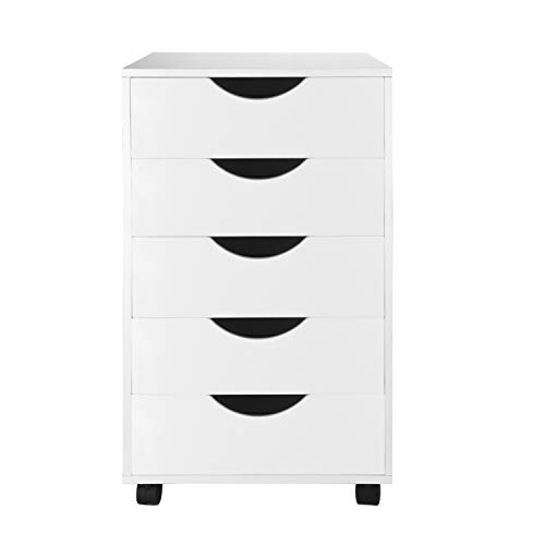 eMerit 5 Drawer Wood File Cabinet Roll Cart Drawer for Office Organization White