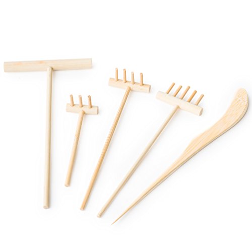 Mini Zen Garden Rake Set: 5 Small Bamboo Rakes for Desktop or Tabletop Japanese Sand Garden - Miniature Meditation Sandbox Accessories: Three, Four & Five Tine Rake, Sand Push Stick & Wooden Wave Pen