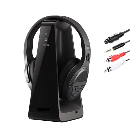 Wireless TV Headset for Seniors with Big Buttons, 15 Hours Battery Life & 0 Delay, Charging Station by Transmitter 2.4 GHz, Bluetooth Over-Ear, for Most TV, Optical-Compatible (TOSLINK)/RCA/3.5 mm