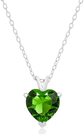 Queen Jewelers Sterling Silver Cubic Zirconia Solitaire Heart Necklace (Emerald-Green)