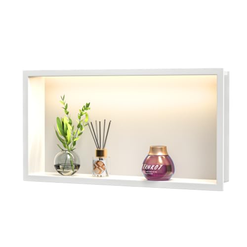 Bernkot Stainless Steel Shower Nische 600 mm x 300 mm White with LED Light Waterproof No Tile Needed for Bathroom Storage Over Installation Mounted