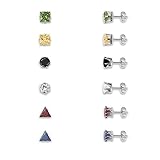 Herinos Stainless Steel Stud Earrings Set Cubic Zirconia 6 Pairs Titanium Earrings Round Square Triangle for Women Girls, Colorful