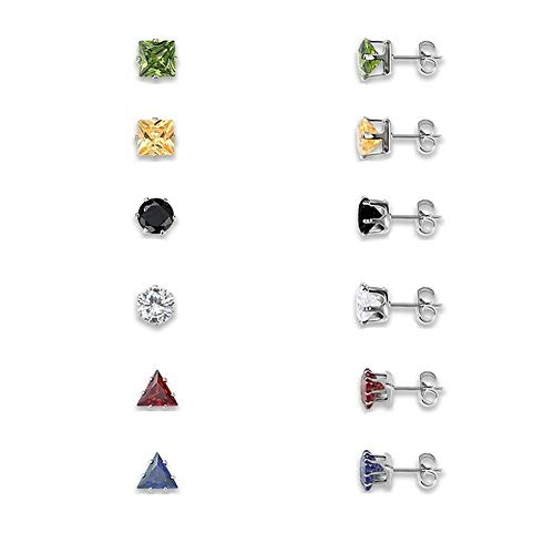 Herinos Stainless Steel Stud Earrings Set Cubic Zirconia 6 Pairs Titanium Earrings Round Square Triangle for Women Girls, Colorful