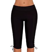 BLENCOT Women's Knee-Length Swim Bottom Side Drawstring Solid Color Rash Guard Board Short Plus S...