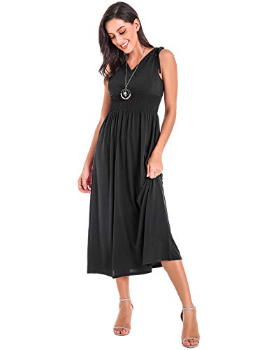 Le Vonfort Women\'s Shoulder Tie Knotted Empire Waist Pure Color Maxi Beach Dress Black Medium