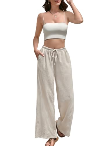 TopCrazy Wide Leg Pants for Women Flowy Palazzo Pants Drawstring Elastic Beach Trousers with Pockets Summer Vacation Cream at Amazon