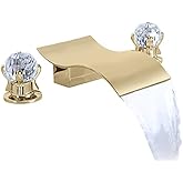 DEOLER Widespread Bathroom Sink Faucet with Crystal Knob 3 Hole Waterfall Bathroom Faucet 8 Inch Crystal Vanity Faucets Deck Mount Basin Mixer Tap with Hose, Brushed Gold
