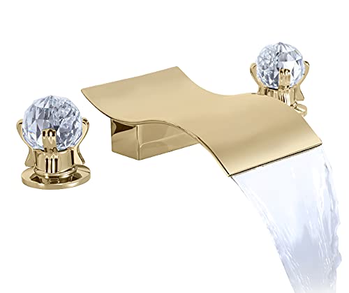 Photo 1 of DEOLER Bathroom Faucet with 2 Crystal Knob Handle, 3 Hole 8 Inch Deck Mount Widespread Waterfall Sink Faucet for Bathroom Sink or Bathtub, Brushed Gold