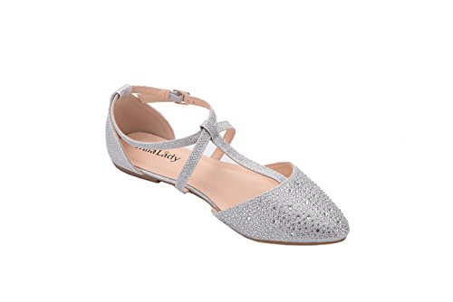 Mila Lady Laurel Womens Pointed Toe Ankle Strap T-Strap D'Orsay Dress Flats Shoes,SILVER5.5