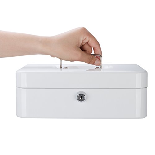 Metal Cash Box with Money Tray, Decaller Money Box with Key Lock for Security (White, Medium - 9 4/5" x 7 4/5" x 3 1/2"), QH2507M