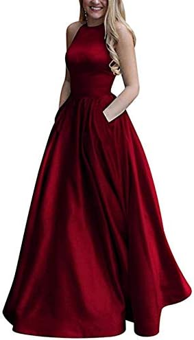 Women's Halter Prom Dress with Pockets Long Formal Evening Gowns