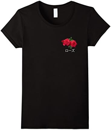 Womens Rose with Japanese Text Vaporwave Kanji T-Shirt Medium Black