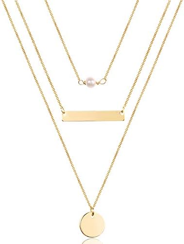 Turandoss 14K Gold Plated Layered Necklace Pearl Choker Bar Disc