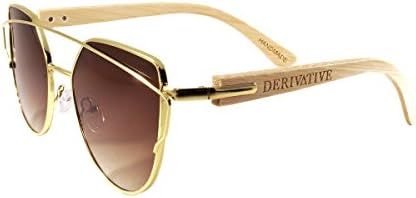 Derivative Flat Lens Cat Eye Bamboo Wooden Sunglasses (Gold, Gradient Brown)