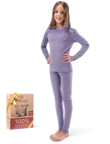 WooLogic Girls 100% Merino Wool Base Layer Set, 260 GSM Lavender Heather L | 165 GSM Lightweight or 260 GSM Midweight, Girl-Specific Fit, Machine Washable for School, Skiing, and Cold-Weather Layering - Used condition - US$70.83