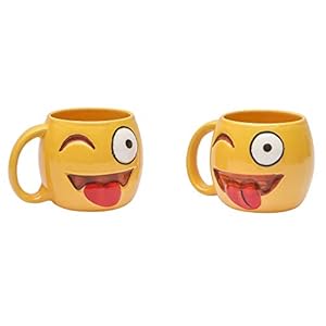 Anwaliya® Hand Made Smiling Face with Embossed Stuck-Out Tounge & Debossed Winking Eye Emoji Ceramic Tea Cup, Coffee Mug…