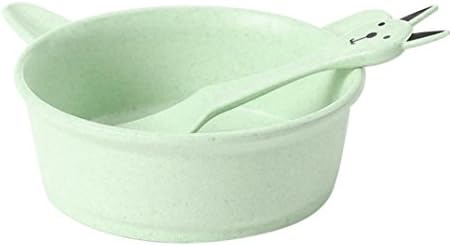 SET Wheat Straw Bowl with Spoon Cute Cat Eco Friendly Tableware (Green)