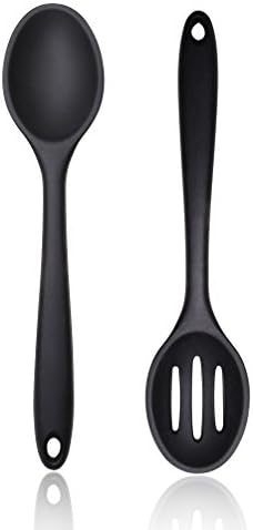2 Piece Silicone Spoon Set - Heat Resistant Non Stick Mixing/Slotted Spoon, Bonus 101 Cooking Tips Black