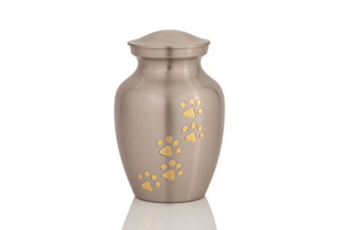 Enshrined Memorials Cremation Urn for Ashes by Cerberus Series Small Pet Dog Cat Handcrafted Solid Brass Affordable for Funeral in Velvet Bag Engraving Design (Pewter Silver, Vertical Paws)