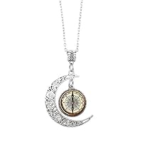  AIUSD Clearance , Steampunk Compass Pendant Necklace Vintage Compass Moon Glass Art Jewelry