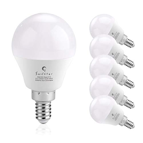 Sailstar Candelabra LED Light Bulbs 60-Watt Equivalent, Daylight White 5000K, E12 Candelabra Base, 6 Watt A15 LED Bulbs for Ceiling Fan, Vanity Mirror Light | 6-Pack