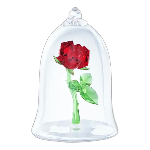Swarovski Beauty and The Beast Enchanted Rose, Red and Green Crystal with Clear Base and Mouth-Blown Glass Bell Jar, Part of The Beauty and The Beast Collection