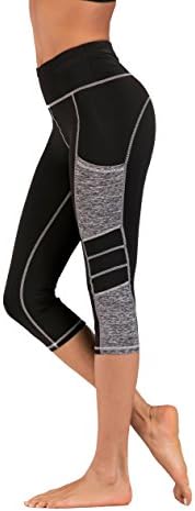 Imido Women's Yoga Capri Pants Sport Tights Workout Running Leggings With Side Pocket (S, Gray Capri Pants)