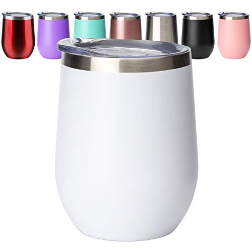Civago Insulated Stemless Wine Tumbler Glass with Lid, 12 oz Stainless Steel Double Wall Vacuum Wine Cup for Wine, Coffee, Drinks, Champagne, Cocktails, Gifts(White, 1 pack)