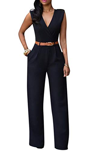 Francis4 Women V-Neck Sleeveless Wide Leg Solid One Piece Jumpsuit Rompers - Thumbnail 2