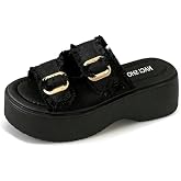 Women's Denim Platform Slide Sandals Double Buckle Chunky Y2K Summer Slides | Frayed Denim Upper, Adjustable Buckle Straps, Slip-On Design, Non-Slip Outsole For Casual Wear, Vacation And Summer Days