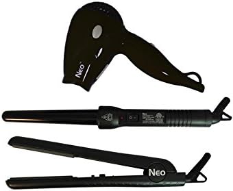 NEO TRIO Complete Full Set W/ Hair Straightener + 18-25mm Curling Iron + Mini Hair Dryer (Black)