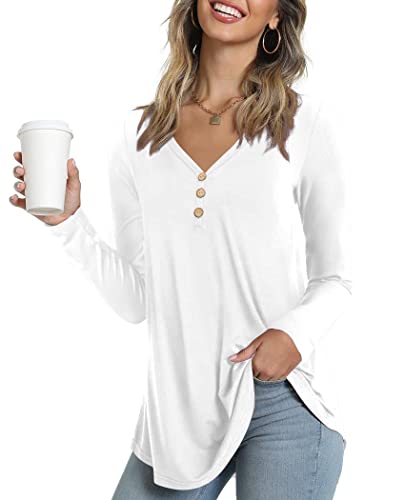 Ninee Camiseta de manga larga para mujer, cuello en V, túnica, con botones sueltos, 02 White, M