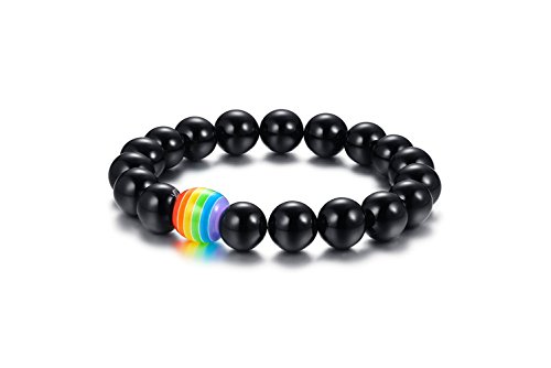 YEEGORHandmade Natural Stone Lava Rock Tiger's Eye Rainbow LGBT Pride Beaded Bracelet for Gay&Lesbian (Black Agate)