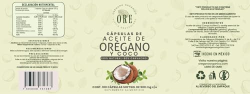 ORE Aceite de Orégano y Coco, 100 Cápsulas Softgel, 500 mg, Suplemento Natural, Orgánico, Aceite de Orégano con 80% Carvacrol y Aceite de Coco