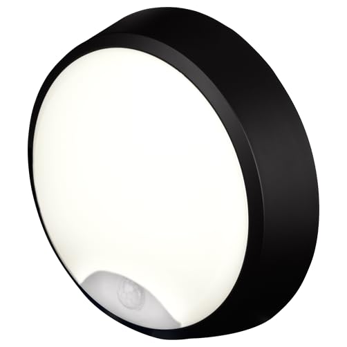 4lite Pylus Outdoor Round Wall Light (Black) 1100lm Motion Sensor Bulkhead IP54 LED Integrated Exterior Light - 4L2/3214/PIR - 4Yr Guarantee