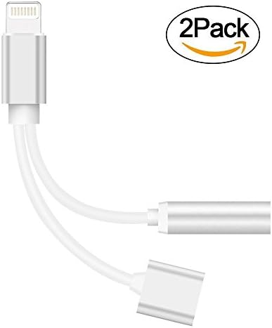 2 in 1 Lightning Adapter for iPhone 7 [Silver],Kerkey iPhone Splitter,2-Port Lightning Headphone Audio and Charger Adapter for iPhone 7/7 Plus and More (2-Pack)