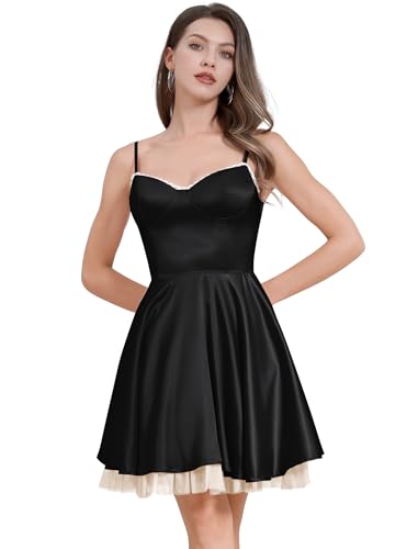 OMEWEE Robe corset pour femme avec imprimé floral - Bretelles spaghetti - Robe à volants - Style bohème - Mini fendu fluide - Robe bustier pour femme - Ligne A - Robe de plage - Robe d'été, Noir , L