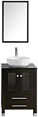 KINGRAN 24" Modern Bathroom Vanity Combo with Ceramic Vessel Sink with Faucet and Pop Up Drain Set,Mirror Included, Black Cabinet With Round Bowl