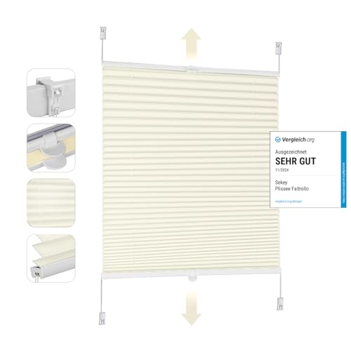 Sekey Pleated Blinds Klemmfix No Drilling 50 x 130 cm Folding Roller Blind for Door and Window Opaque Privacy Screen Sun Protection Ready Pleated blind 50 cm Wide Beige