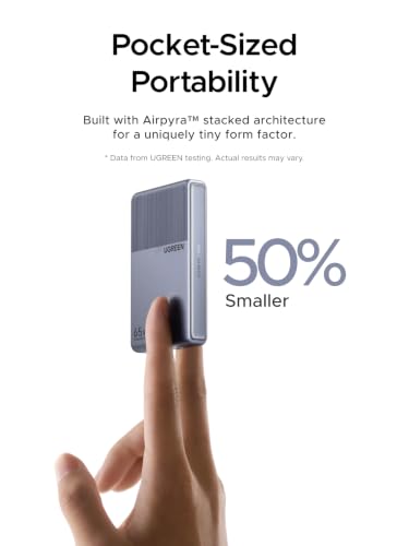 UGREEN Air 65W 3Port USB C Charger Block, 2C1A, for iPhone, Galaxy, MacBook | 65W Ultra Slim Fast Charger, 2 USB C+1 USB-A, 90° Foldable Plug, Supports PD/PPS, for Commuting and Travel, Grey